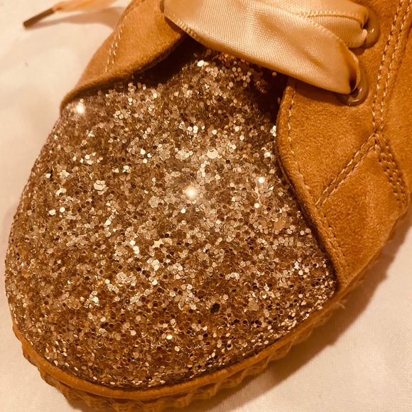 FOREVER Glitter Rust & Gold Suede Tennis Shoes with Ribbon laces. - Picture 8 of 14